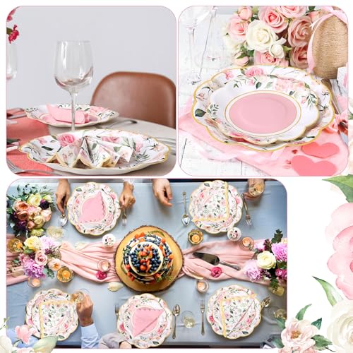 Funnymoom 200 Pcs Wild Floral Party Supplies Pink Flower Disposable Paper Dinner Dessert Plates Luncheon Napkins Beverage Napkins for Wedding Birthday Baby Shower Bridal Tea Party Serves 50 Guests - Image 5