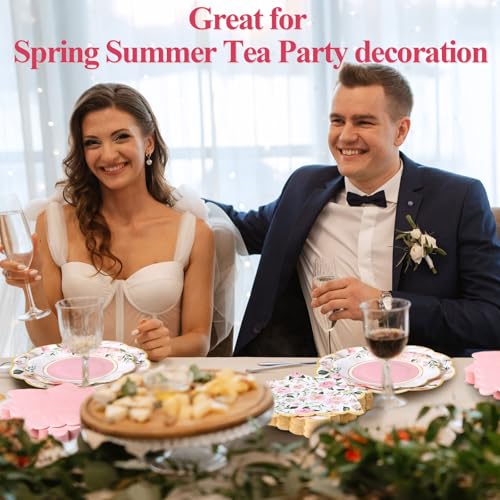 Funnymoom 200 Pcs Wild Floral Party Supplies Pink Flower Disposable Paper Dinner Dessert Plates Luncheon Napkins Beverage Napkins for Wedding Birthday Baby Shower Bridal Tea Party Serves 50 Guests - Image 4