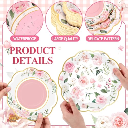 Funnymoom 200 Pcs Wild Floral Party Supplies Pink Flower Disposable Paper Dinner Dessert Plates Luncheon Napkins Beverage Napkins for Wedding Birthday Baby Shower Bridal Tea Party Serves 50 Guests - Image 3