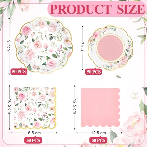 Funnymoom 200 Pcs Wild Floral Party Supplies Pink Flower Disposable Paper Dinner Dessert Plates Luncheon Napkins Beverage Napkins for Wedding Birthday Baby Shower Bridal Tea Party Serves 50 Guests - Image 2