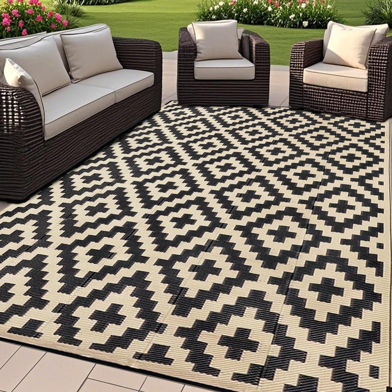 SAND MINE Reversible Mats, Plastic Straw Rug, Modern Area Rug, Large Floor Mat and Rug for Outdoors, RV, Patio, Backyard, Deck, Picnic, Beach, Trailer, Camping, Black & Beige, 6' x 9' - Image 1