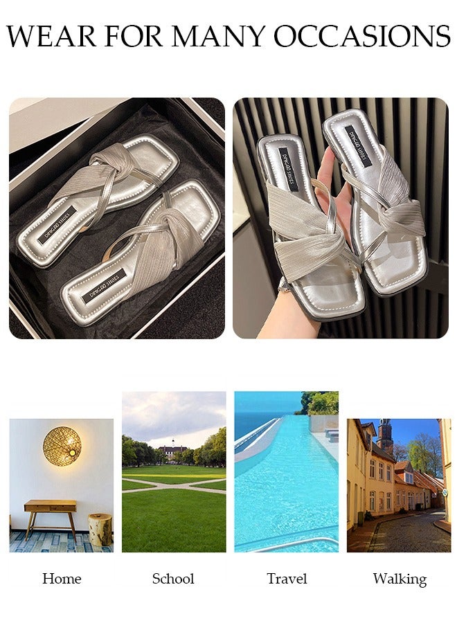 DUNISO Women's Slip On Flat Sandals Square Open Toe Slide Sandals Comfortable Women Slippers Nonslip Backless Beach Slip for Indoor and Outdoor - Image 5