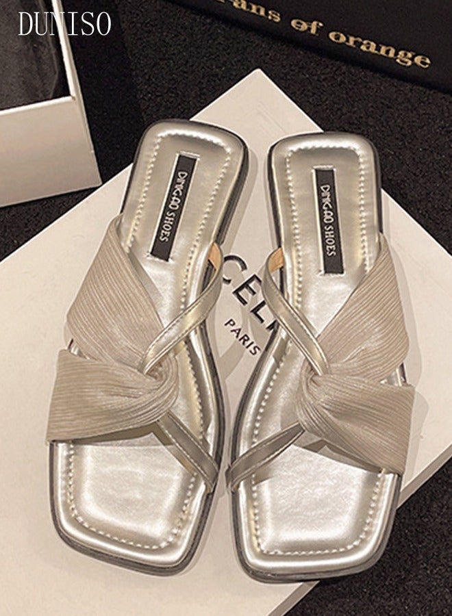 DUNISO Women's Slip On Flat Sandals Square Open Toe Slide Sandals Comfortable Women Slippers Nonslip Backless Beach Slip for Indoor and Outdoor - Image 3