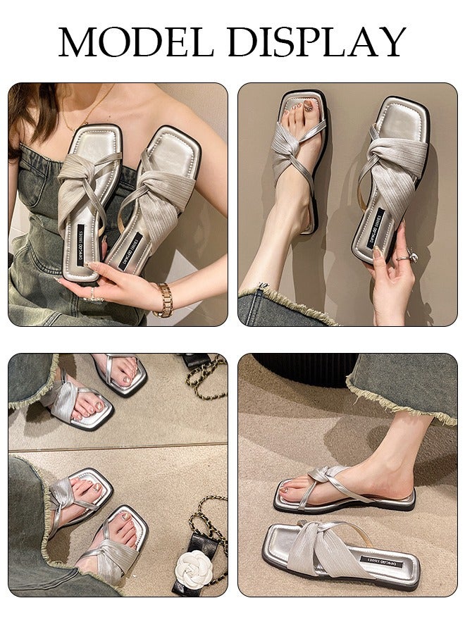 DUNISO Women's Slip On Flat Sandals Square Open Toe Slide Sandals Comfortable Women Slippers Nonslip Backless Beach Slip for Indoor and Outdoor - Image 2