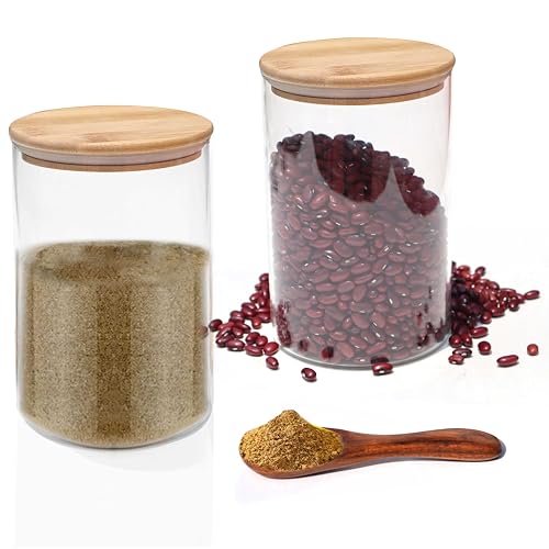 Pure Source India Borosilicate Glass Jar Container, BPA Free, Food Safe, with Airtight Bamboo Lid, 2 Pieces Jar and 1 Wooden Spoon (Clear, Capacity - 1 Ltr Each) - Image 1