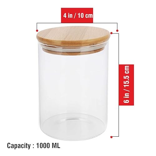 Pure Source India Borosilicate Glass Jar Container, BPA Free, Food Safe, with Airtight Bamboo Lid, 2 Pieces Jar and 1 Wooden Spoon (Clear, Capacity - 1 Ltr Each) - Image 3