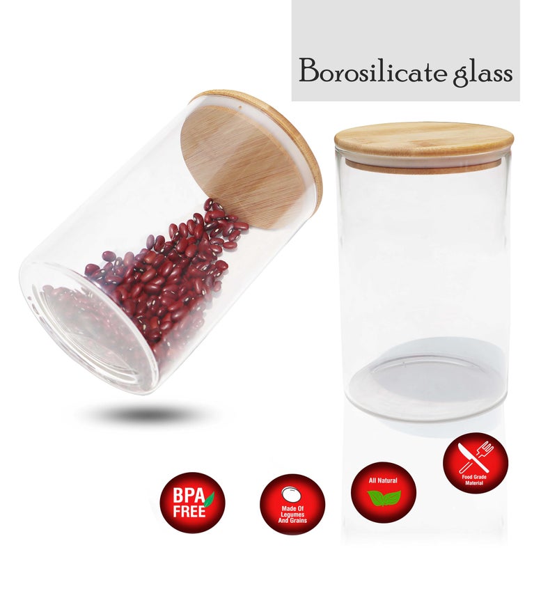 Pure Source India Borosilicate Glass Jar Container, BPA Free, Food Safe, with Airtight Bamboo Lid, 2 Pieces Jar and 1 Wooden Spoon (Clear, Capacity - 1 Ltr Each) - Image 2