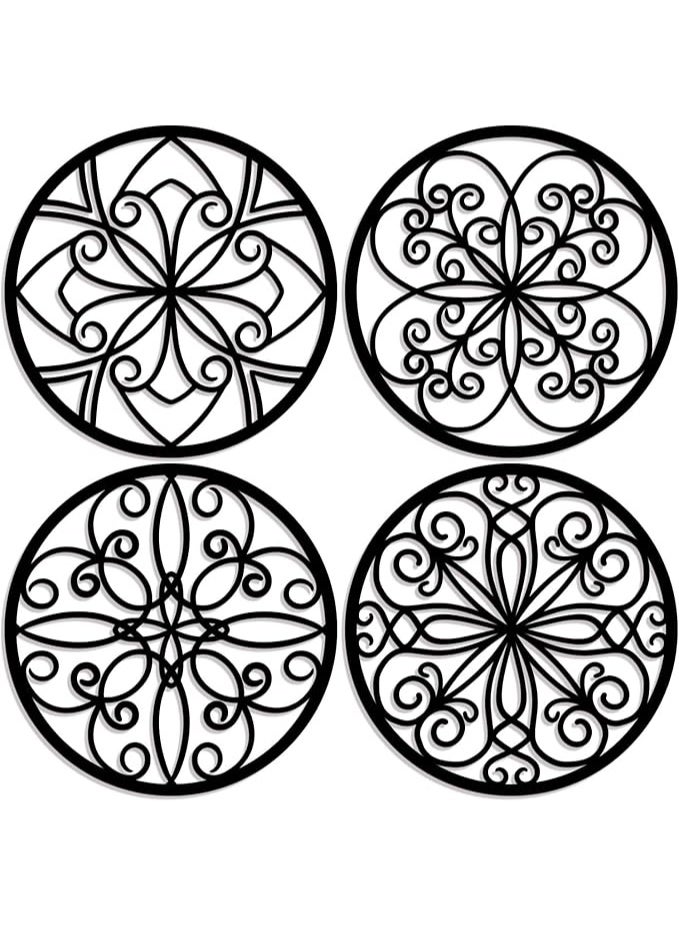 MIRFA Wooden Wall Art With Self Adhesive Base - Black (Mandala Flowers Wagon Wheels) - Pack of 4 - Image 1