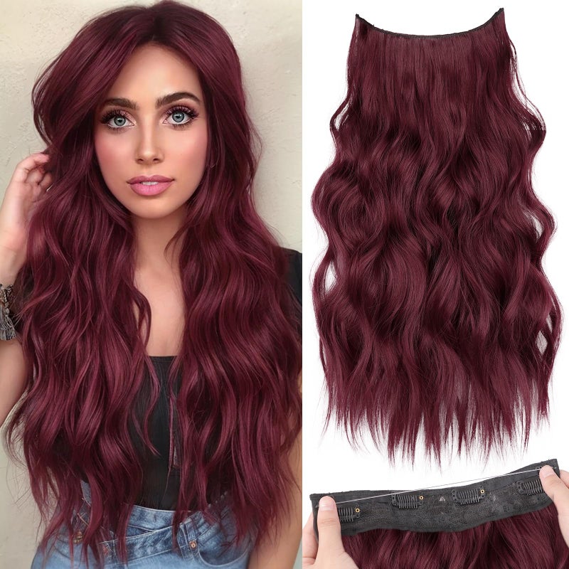 KooKaStyle Invisible Wire Hair Extensions with Transparent Wire Adjustable Size 4 Secure Clips Long Wavy Secret Hairpiece 20 Inch Burgundy - Image 2