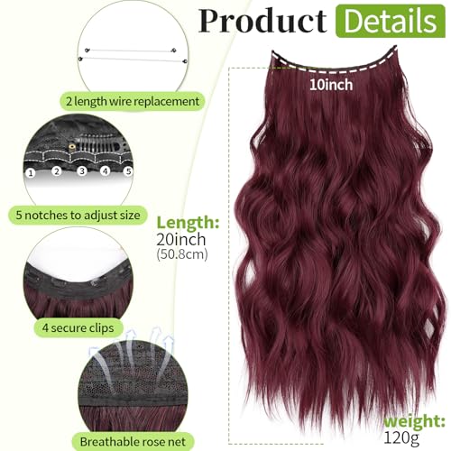 KooKaStyle Invisible Wire Hair Extensions with Transparent Wire Adjustable Size 4 Secure Clips Long Wavy Secret Hairpiece 20 Inch Burgundy - Image 3