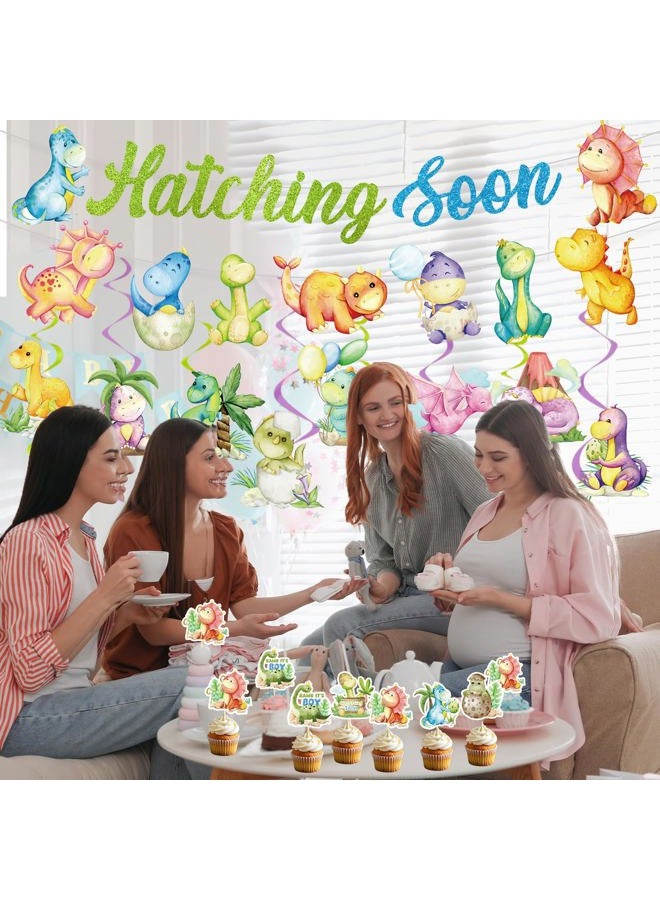 Refavor Dinosaur Baby Shower Decorations - 22PCS Hatching Soon Baby Shower Decorations Hatching Soon Banners Hanging Swirls Cupcake Toppers Dino Themed Gender Reveal Supplies Dinosaur Party Decor - Image 5