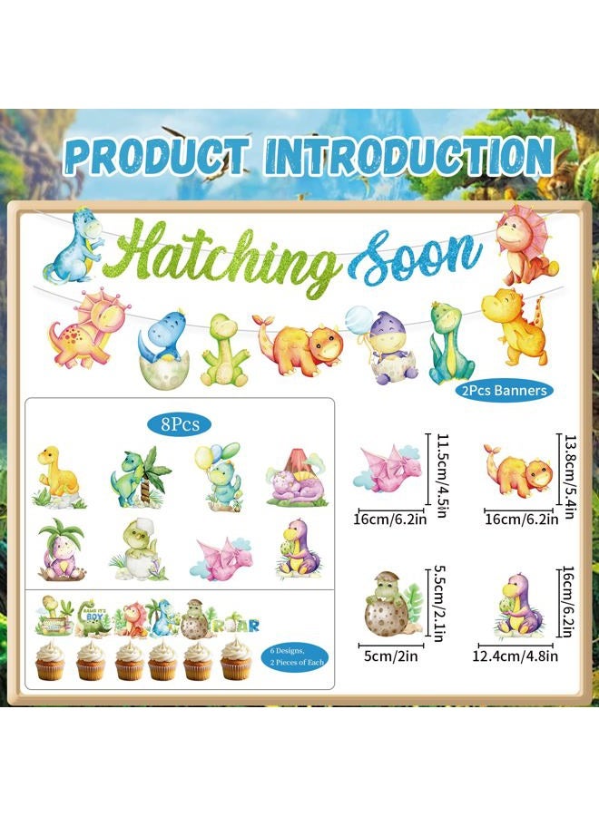 Refavor Dinosaur Baby Shower Decorations - 22PCS Hatching Soon Baby Shower Decorations Hatching Soon Banners Hanging Swirls Cupcake Toppers Dino Themed Gender Reveal Supplies Dinosaur Party Decor - Image 2