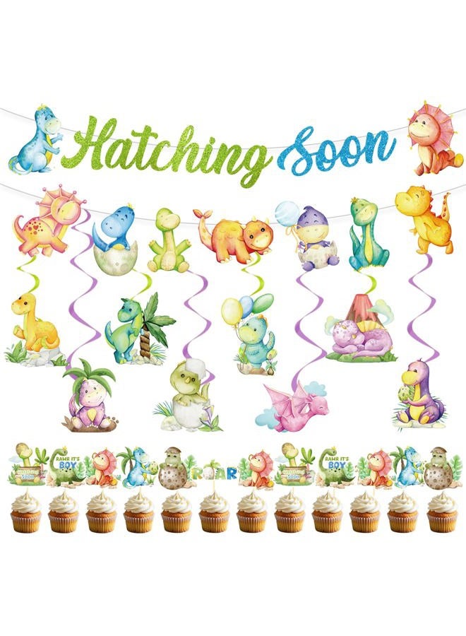 Refavor Dinosaur Baby Shower Decorations - 22PCS Hatching Soon Baby Shower Decorations Hatching Soon Banners Hanging Swirls Cupcake Toppers Dino Themed Gender Reveal Supplies Dinosaur Party Decor - Image 1