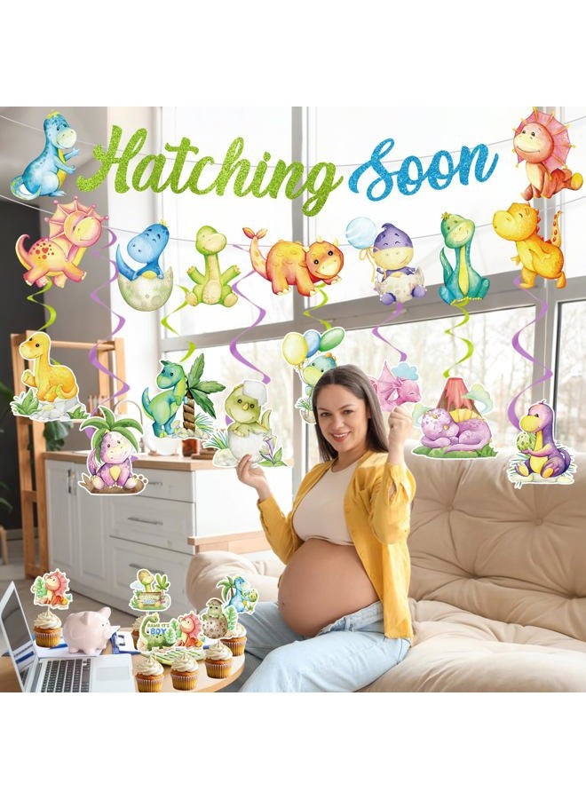 Refavor Dinosaur Baby Shower Decorations - 22PCS Hatching Soon Baby Shower Decorations Hatching Soon Banners Hanging Swirls Cupcake Toppers Dino Themed Gender Reveal Supplies Dinosaur Party Decor - Image 4