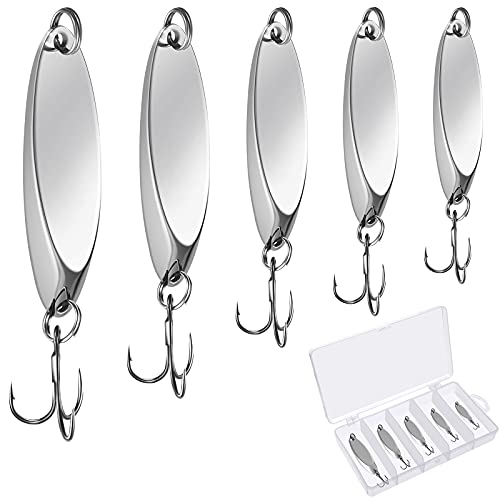 HESTYA 20 Pieces Fishing Lures Spoons Fishing Metal Saltwater Treble Trout Lures Hard Metal Spinner Baits 5 Sizes Casting Spoon Hooks for Salmon Bass in 1/5 1/4 3/8 1/2 3/4 oz (Silver) - Image 1