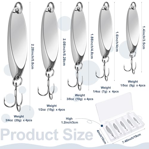 HESTYA 20 Pieces Fishing Lures Spoons Fishing Metal Saltwater Treble Trout Lures Hard Metal Spinner Baits 5 Sizes Casting Spoon Hooks for Salmon Bass in 1/5 1/4 3/8 1/2 3/4 oz (Silver) - Image 2