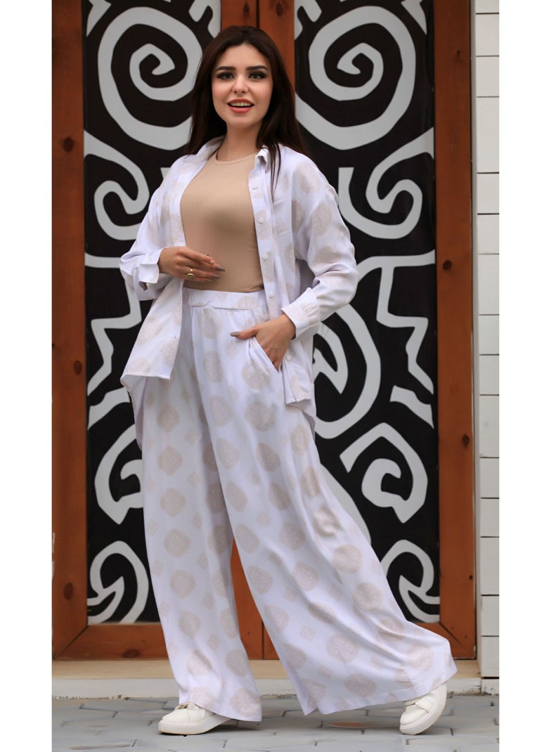 Ship Master Elegant Women's Two-Piece Set – Loose Shirt & Wide-Leg Pants with Subtle Patterns  - Image 2