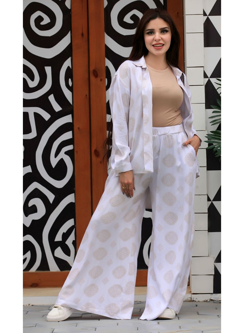 Ship Master Elegant Women's Two-Piece Set – Loose Shirt & Wide-Leg Pants with Subtle Patterns  - Image 3