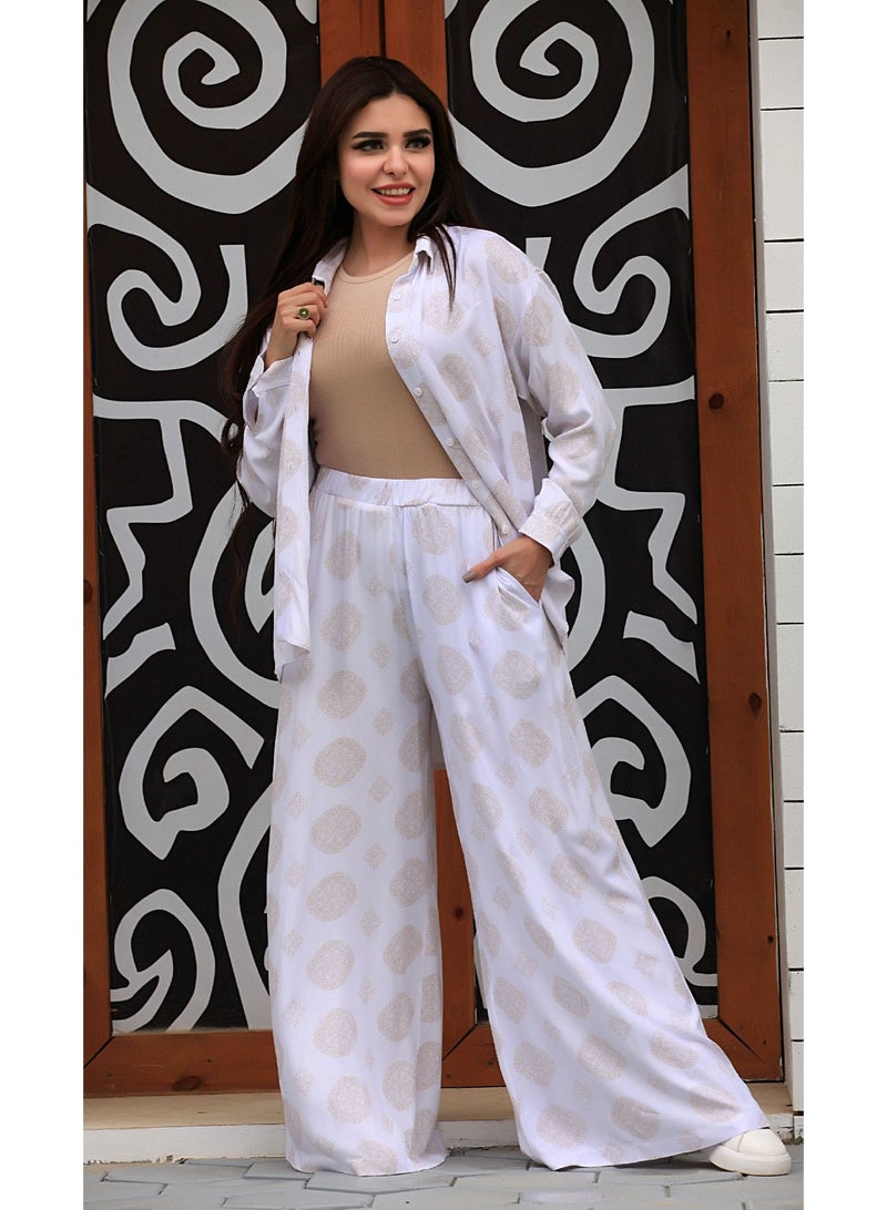Ship Master Elegant Women's Two-Piece Set – Loose Shirt & Wide-Leg Pants with Subtle Patterns  - Image 1