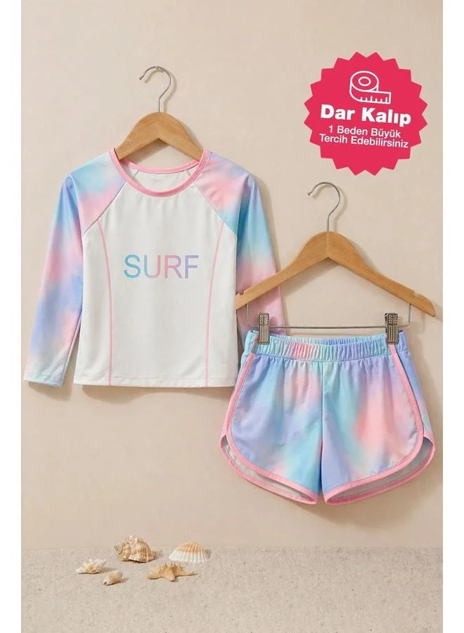 zuzunga Surf-Printed Colorful Girl Long Sleeve Sports Swimsuit Set.