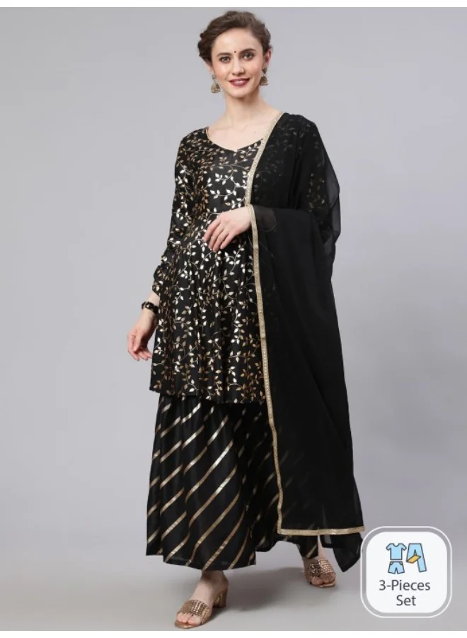 أيه كيه إس Black Foil Print A-Line Kurta & Sharara With Dupatta Set
