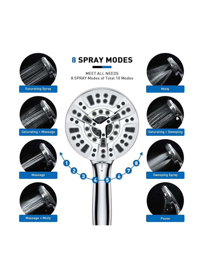 High-Pressure Handheld Shower Head – 8 Spray Settings & 2 Power Jet Modes, 5.04" Detachable Shower Head with Stainless Steel Hose & Adjustable Bracket - Image 3