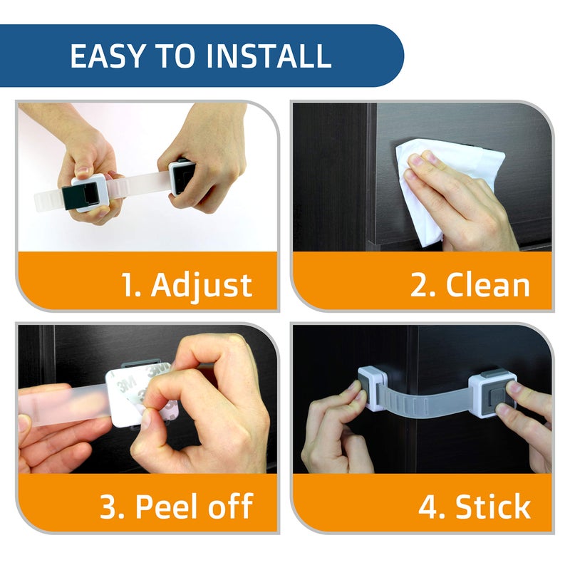 Wappa Baby Child Safety Locks (4-Pack) - Baby Proof Cabinets, Drawers, Ovens & Toilets - Adjustable Strap Length, Double Lock Option - Easy Latch for Adults to Open - Image 4