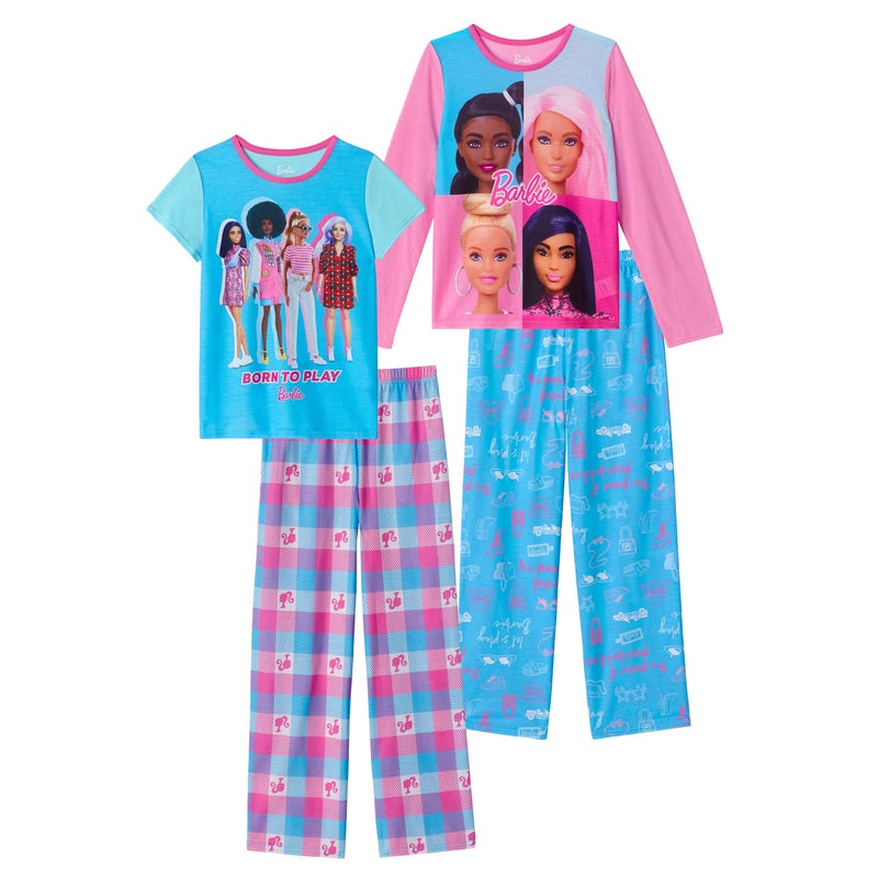 Barbie Girls Pajama Pants and Sleep Shirt Sets for Kids 4 Piece Sleepwear Set for Girls (as1, numeric, numeric_6, regular, Light Blue-Light Pink) - Image 1