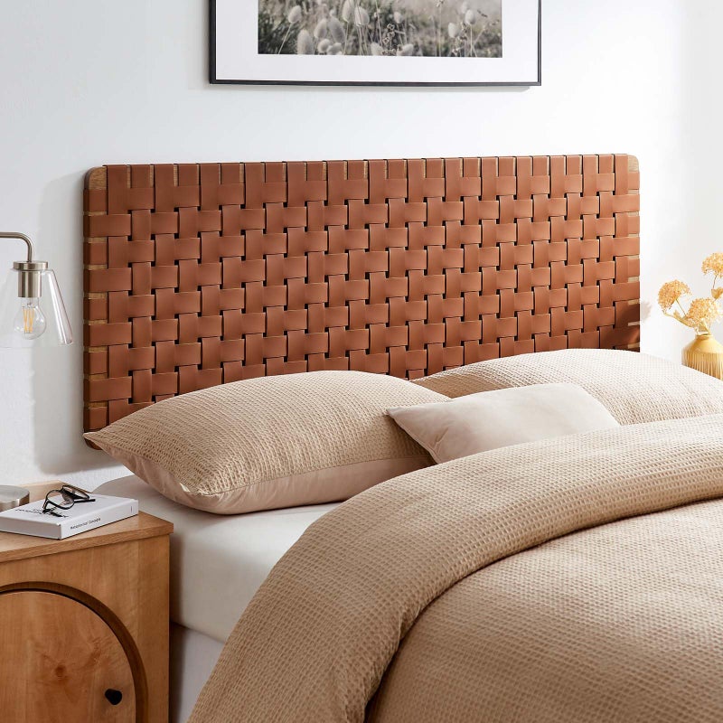 Modway Sparta Vegan Leather Weave Queen Headboard in Walnut Brown, Faux Leather Queen Headboard Only with Wall Mount Design for Bedroom or Guest Room - Image 1