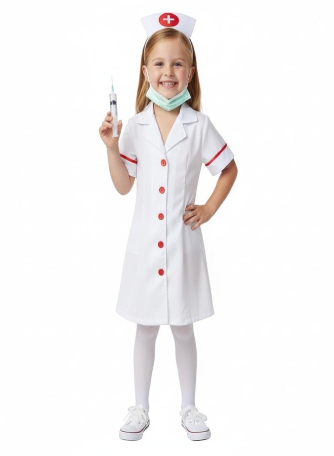 EthnicAlive Nurse Fancy Dress With Mask, Injection, Stethoscope And Headgear | Community Helper Doctor Costume For Kids Girls (7-8 Years) - Image 1