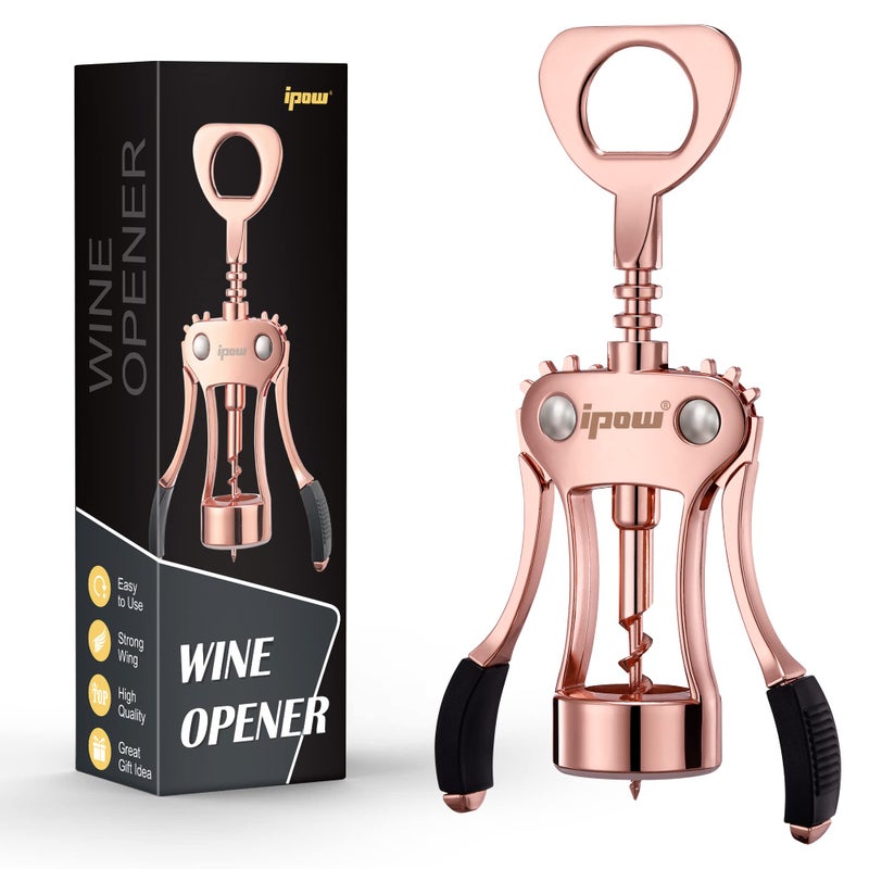 IPOW Wine Opener, Zinc Alloy Wine Bottle Opener, Wing Corkscrew Heavy Duty, Manual Multifunctional Cork Screw for Waiter,Rose Gold - Image 1