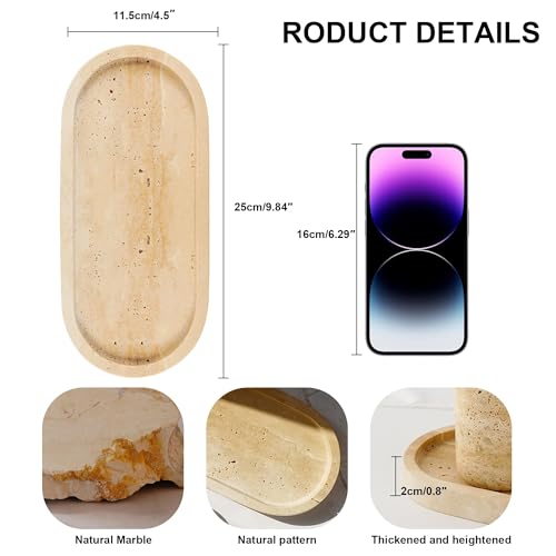 WORHE Italy Natural Travertine Stone Tray for Jewelry, Candles, Perfume, Trinket, Marble Oval Vanity Trays for Bathroom, Dresser, Kitchen, Countertop Storage Organizer for Home Decor Beige (WH028) - Image 5