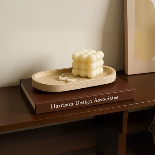 WORHE Italy Natural Travertine Stone Tray for Jewelry, Candles, Perfume, Trinket, Marble Oval Vanity Trays for Bathroom, Dresser, Kitchen, Countertop Storage Organizer for Home Decor Beige (WH028) - Image 2
