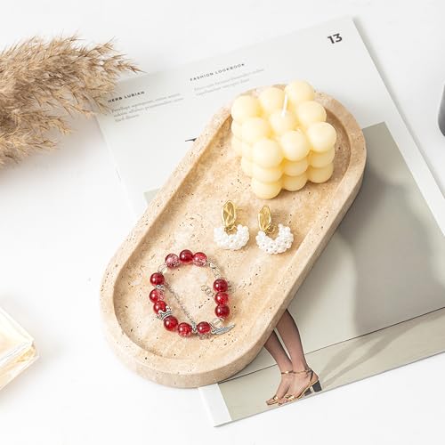 WORHE Italy Natural Travertine Stone Tray for Jewelry, Candles, Perfume, Trinket, Marble Oval Vanity Trays for Bathroom, Dresser, Kitchen, Countertop Storage Organizer for Home Decor Beige (WH028) - Image 4