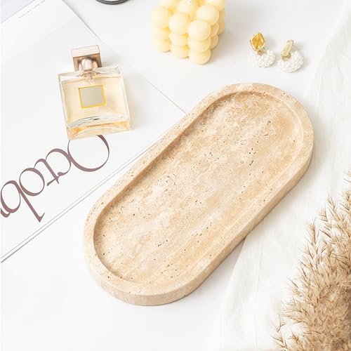 WORHE Italy Natural Travertine Stone Tray for Jewelry, Candles, Perfume, Trinket, Marble Oval Vanity Trays for Bathroom, Dresser, Kitchen, Countertop Storage Organizer for Home Decor Beige (WH028) - Image 3
