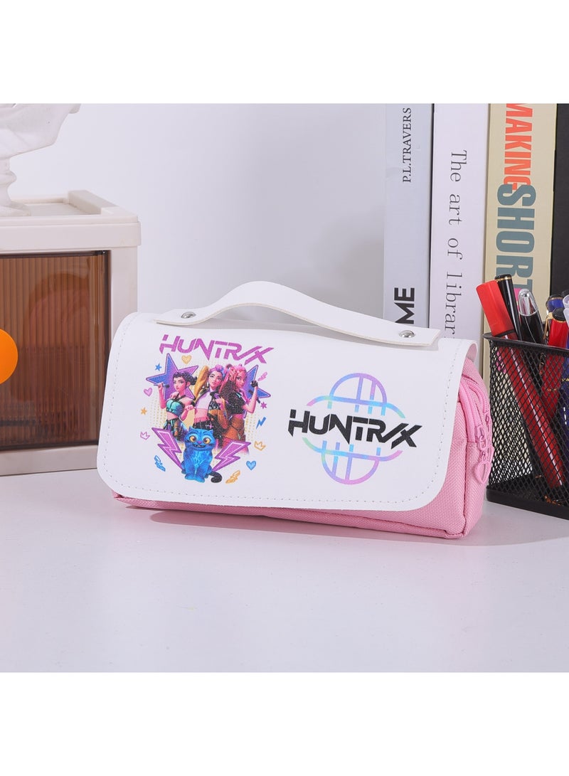 saykfoe Kpop Demon Hunters Pencil Pouch, Big Capacity PU Stationery Bag, Portable 2-Layer Pen Case with Handle, Anime Print for Teens, Students & Fans（Pink） - Image 1