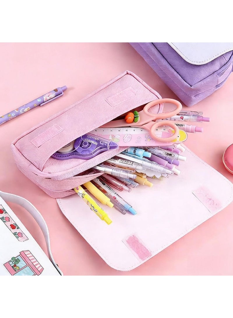 saykfoe Kpop Demon Hunters Pencil Pouch, Big Capacity PU Stationery Bag, Portable 2-Layer Pen Case with Handle, Anime Print for Teens, Students & Fans（Pink） - Image 2