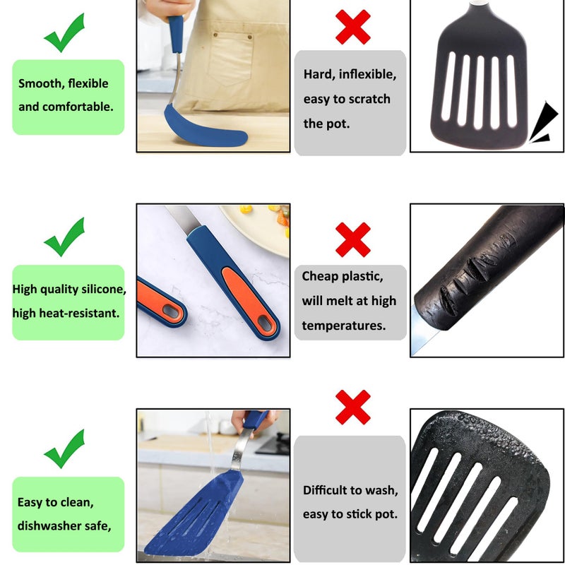 To encounter 3 Pieces Silicone Spatula Set, Heat Resistant Flexible Turner Spatulas, Nonstick Cookie Spatula, Fish Spatula, Dishwasher Safe, Navy Blue - Image 3