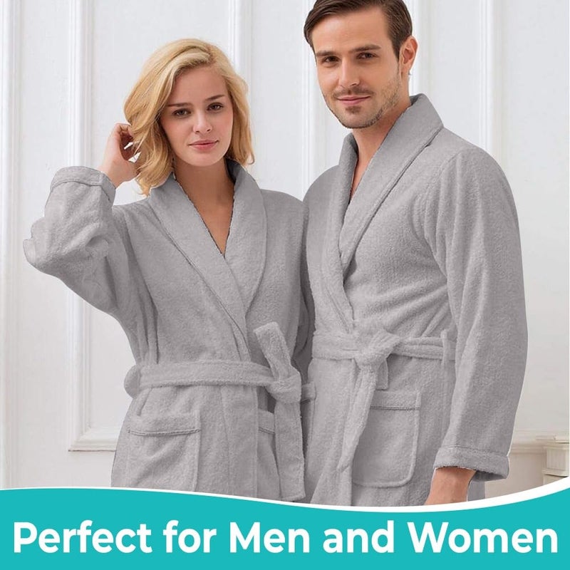 KAHAF COLLECTION Cotton Terry Robes for Women and Men, Terry Shawl Collar Bathrobe, ONE SIZE - UNISEX Men & Women Spa Robe (Cotton, Light Grey) - Image 3