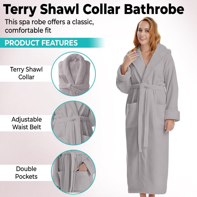 KAHAF COLLECTION Cotton Terry Robes for Women and Men, Terry Shawl Collar Bathrobe, ONE SIZE - UNISEX Men & Women Spa Robe (Cotton, Light Grey) - Image 5
