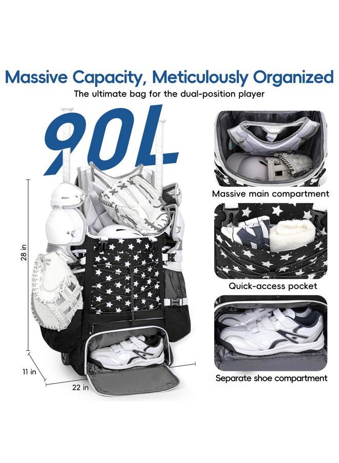 KAVIGOR Catchers Gear Bag with Wheels, 90L Rolling Baseball/Softball Bag Holds 2 Sets of Gear with Glove Compartment, Helmet Holder & Shoe Compartment - Image 3