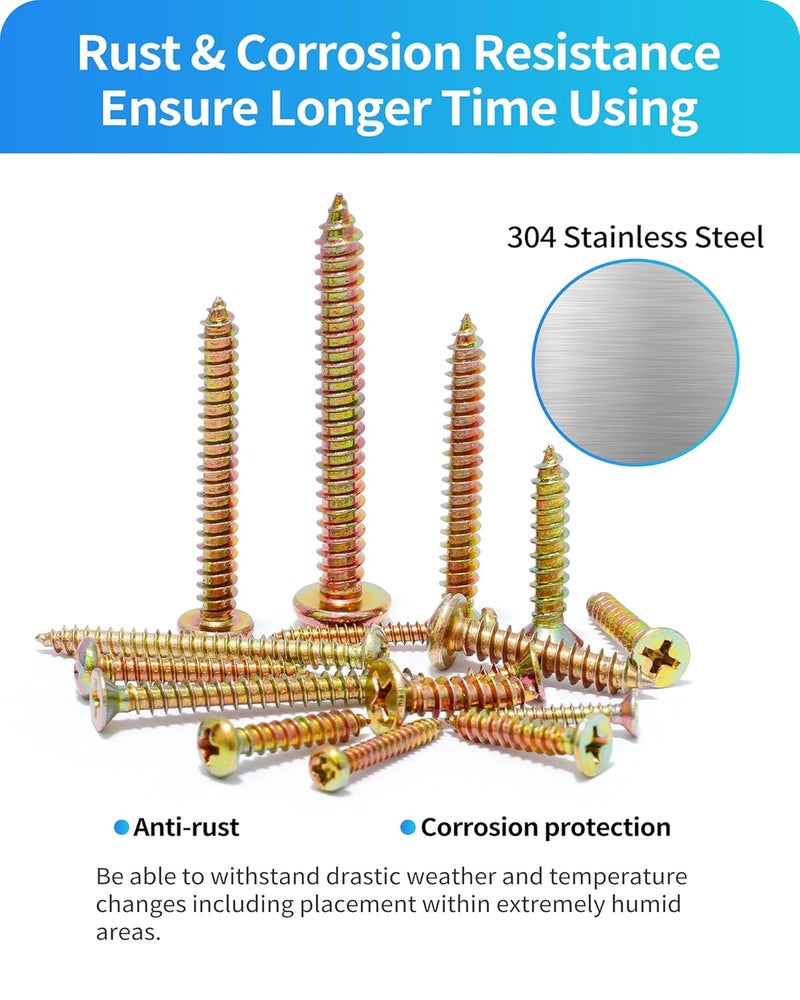 DIVANC 560Pcs 304 Stainless Steel Zinc Plated Self Tapping Screws Assortment Set, M3/M4/M5/M6 Flat Head & Round Head Self Tapping Screws Assortment Set, Phillips Drive Wood Screw Assortment Kit (Gold) - Image 5