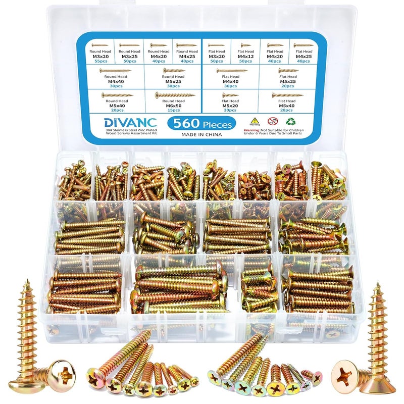 DIVANC 560Pcs 304 Stainless Steel Zinc Plated Self Tapping Screws Assortment Set, M3/M4/M5/M6 Flat Head & Round Head Self Tapping Screws Assortment Set, Phillips Drive Wood Screw Assortment Kit (Gold) - Image 1