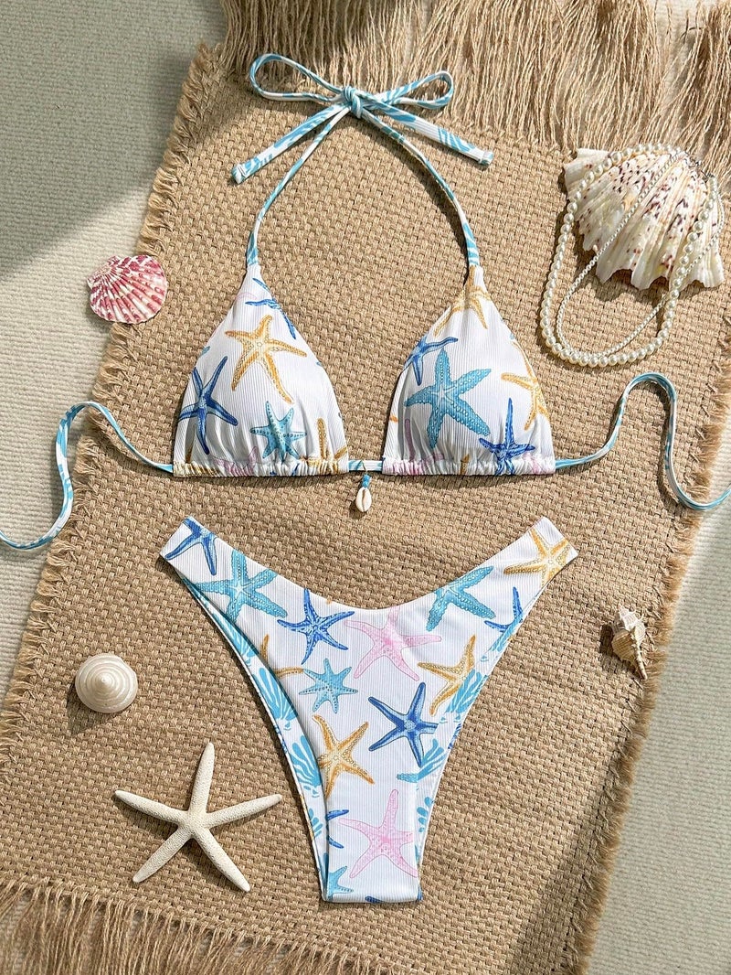 MakeMeChic Women's Polka Dots Triangle Thong Bikini Sets Floral Cute Bathing Suit Swimsuits Star White Blue Small - Image 2
