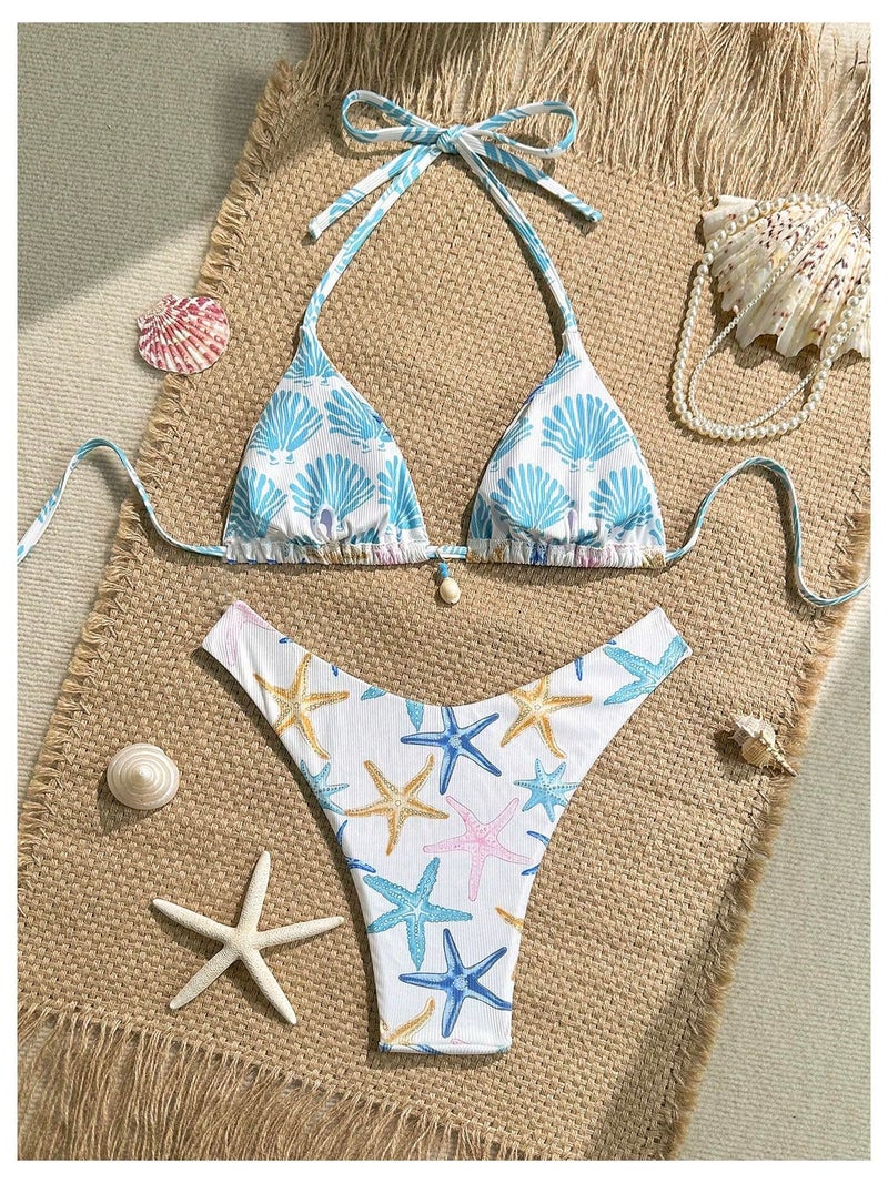 MakeMeChic Women's Polka Dots Triangle Thong Bikini Sets Floral Cute Bathing Suit Swimsuits Star White Blue Small - Image 3