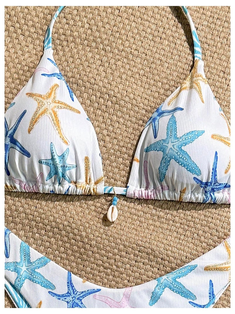 MakeMeChic Women's Polka Dots Triangle Thong Bikini Sets Floral Cute Bathing Suit Swimsuits Star White Blue Small - Image 5