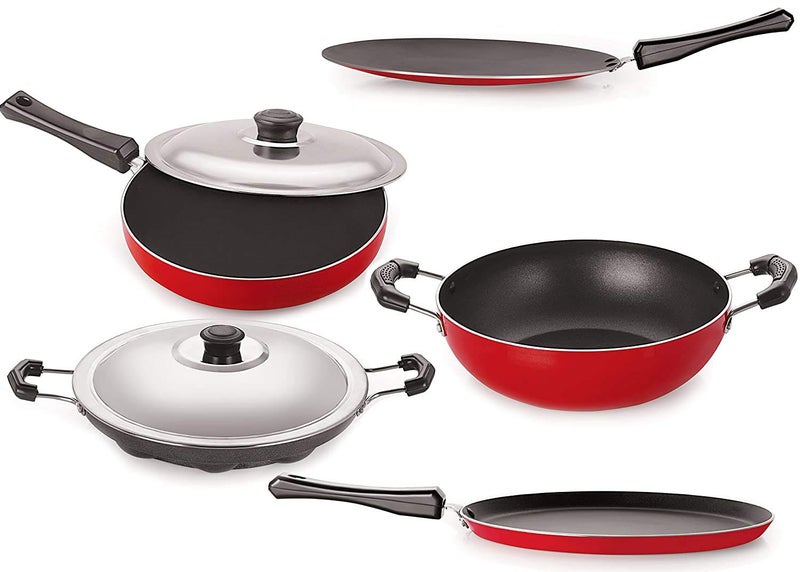 Nirlon Nirlon Non-Stick Aluminium Cookware Set, 6-Pieces, Red & Black