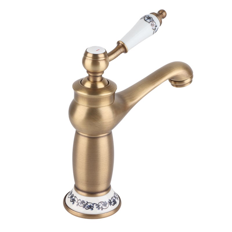 Floral Pattern Single Handle Mixer Tap Cold/Hot Water Faucet for Bathroom Basin Sink (Antique) - Image 4