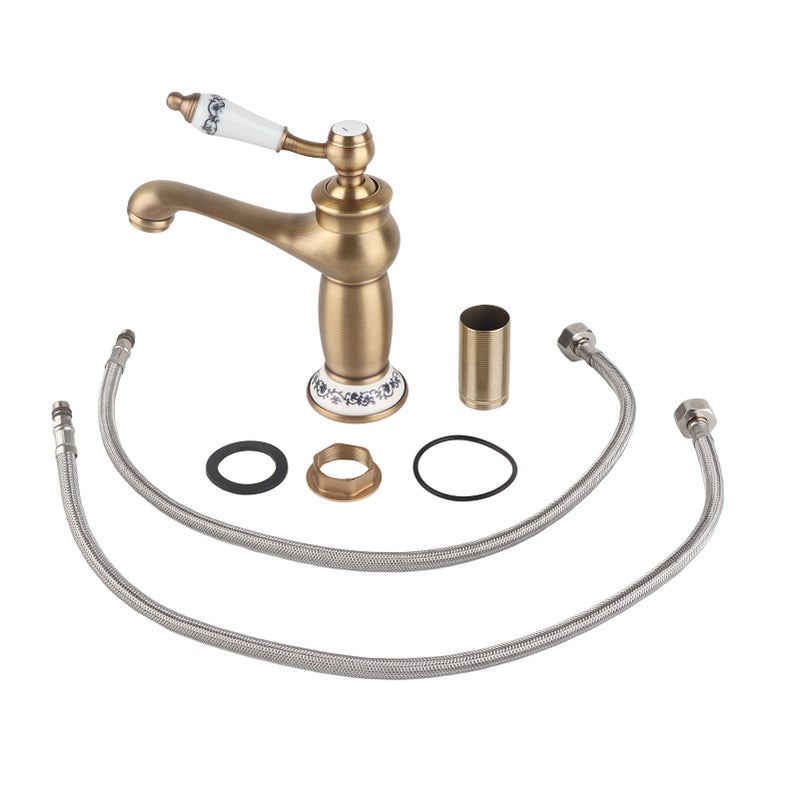 Floral Pattern Single Handle Mixer Tap Cold/Hot Water Faucet for Bathroom Basin Sink (Antique) - Image 1