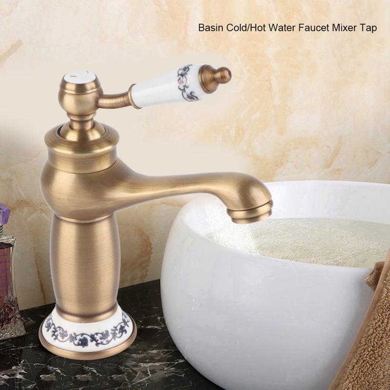 Floral Pattern Single Handle Mixer Tap Cold/Hot Water Faucet for Bathroom Basin Sink (Antique) - Image 3